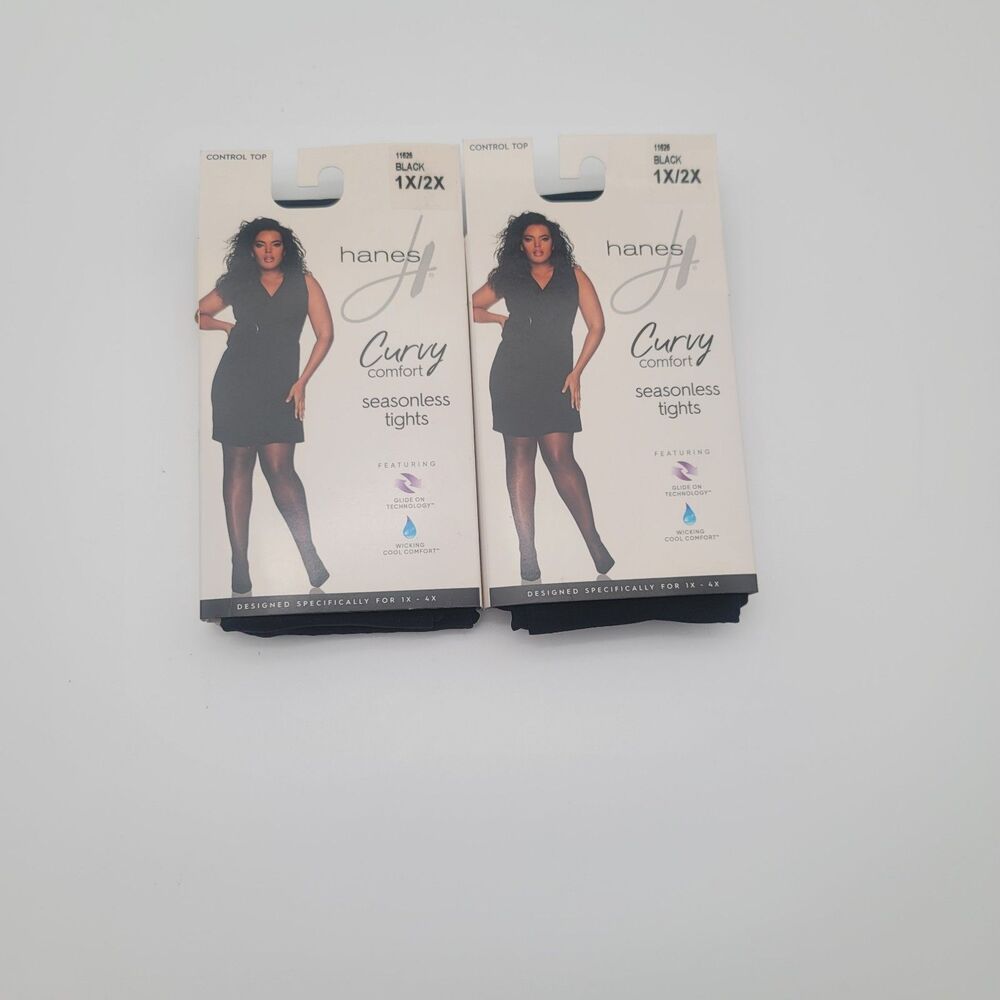 2 Pack Of Hanes Curves Curvy Comfort Seasonless Tights Control Top Black 1X/2X
